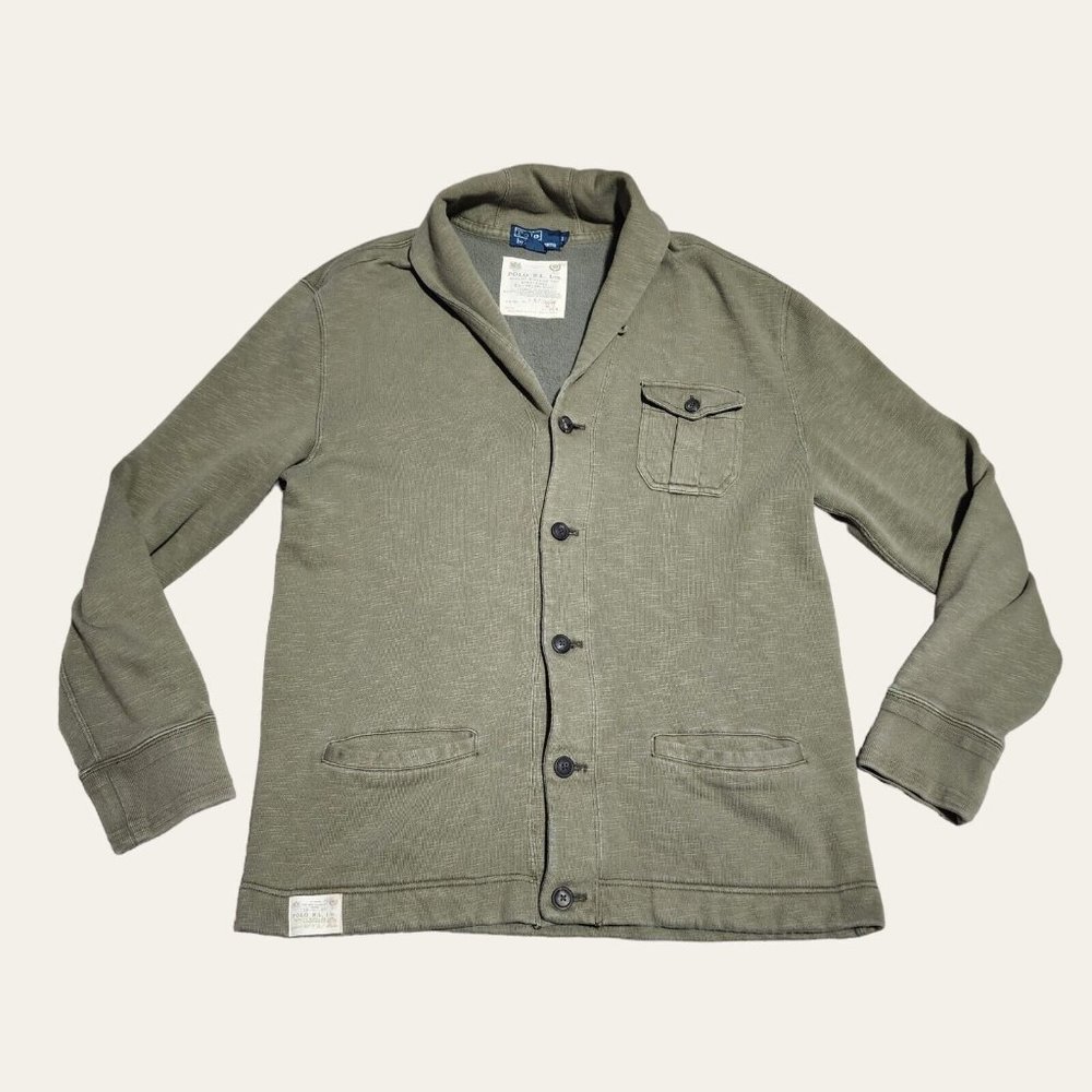 POLO RALPH LAUREN DESIGNER COTTON SHAWL KNIT CARDIGAN SWEATER Sz Mens L Green